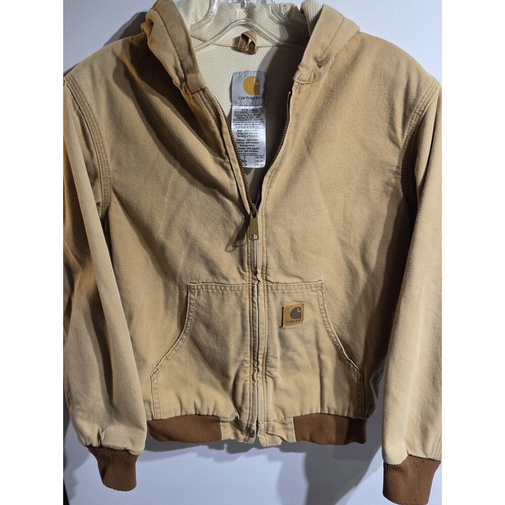 Carhartt Boys Brown Hooded Canvas Zip Jacket Lined Pockets Size L 10/12